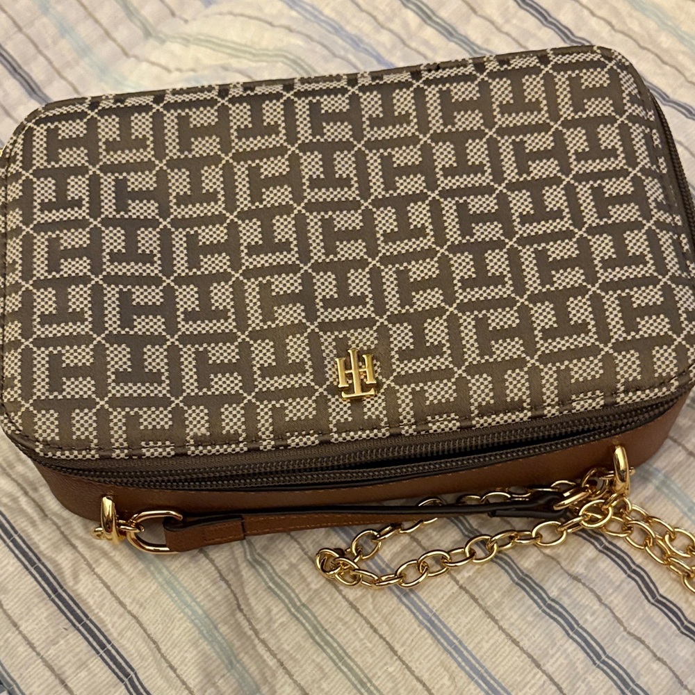 Tommy Hilfiger Monogram Brown and Gold Crossbody Bag